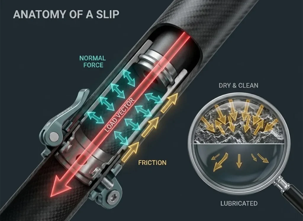 A hyper-realistic 3D cross-section of a trekking pole locking mechanism. Glowing holographic arrows illustrate the physics of friction, labeling Load, Normal Force, and Friction vectors. A split view highlights the difference between a secure dry surface and a slippery lubricated surface.