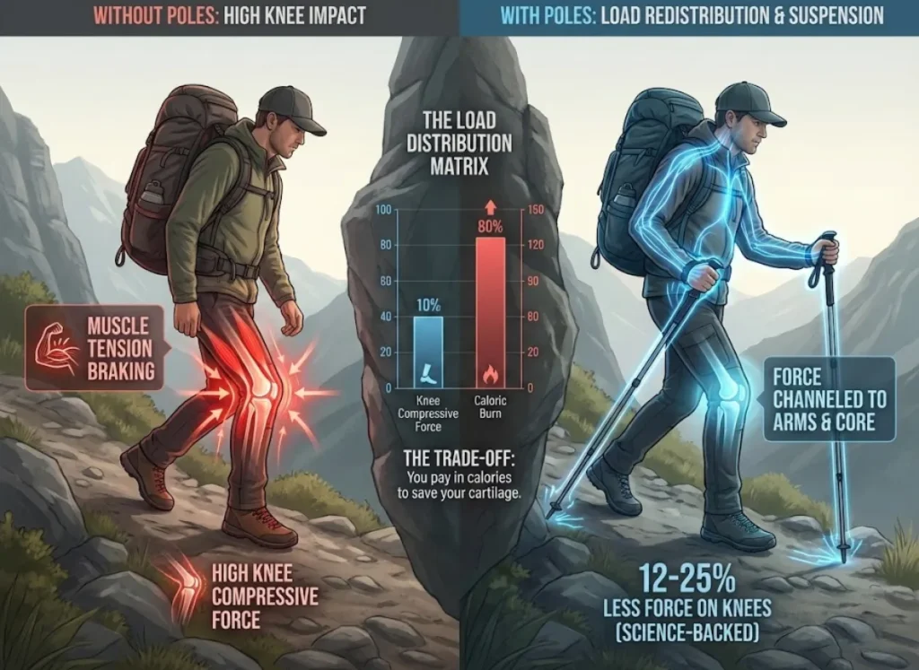 Infographic illustrating how trekking poles reduce knee joint impact during downhill hiking. It features two hikers on a trail, one without poles showing high knee stress in red, and one with poles showing force distributed through the upper body in blue. A central bar chart titled "The Load Distribution Matrix" compares lower knee compressive force and higher caloric burn when using poles, with an annotation: "The Trade-Off: You pay in calories to save your cartilage."