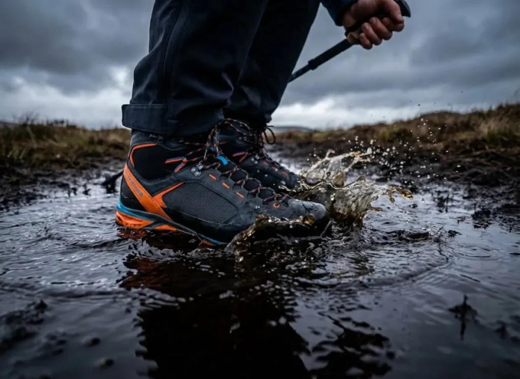 Close-up of muddy hiking boots submerged in a cold stream, demonstrating the need for waterproof socks.