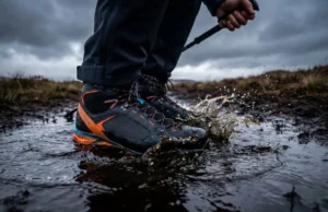 Waterproof Hiking Socks: The Realist’s Buying Guide Close-up of muddy hiking boots submerged in a cold stream, demonstrating the need for waterproof socks.