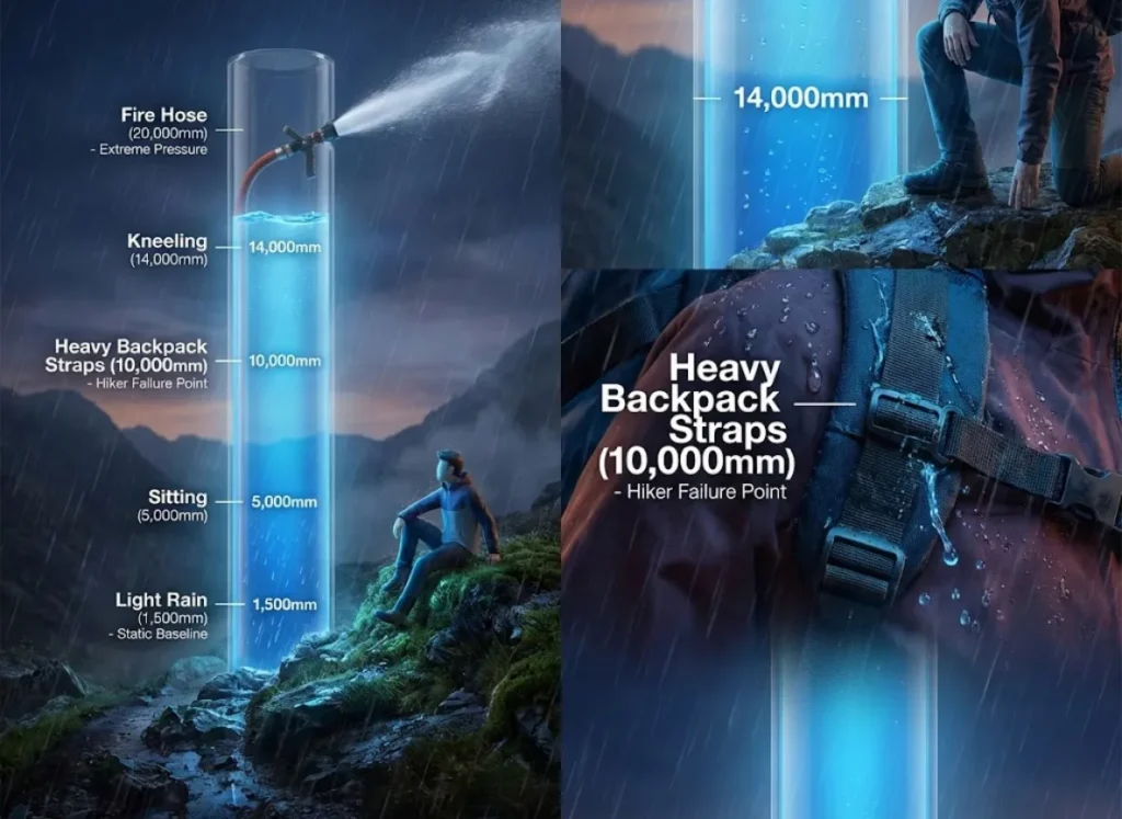 A sophisticated infographic visualizing a vertical pressure barometer. It shows rising water pressure levels corresponding to real-world activities: Light Rain at 1,500mm, Sitting at 5,000mm, Heavy Backpack Straps forcing water through fabric at 10,000mm, Kneeling at 14,000mm, and a Fire Hose at 20,000mm. The title is "The Pressure Hierarchy." The style is premium vector-realism with dramatic lighting.