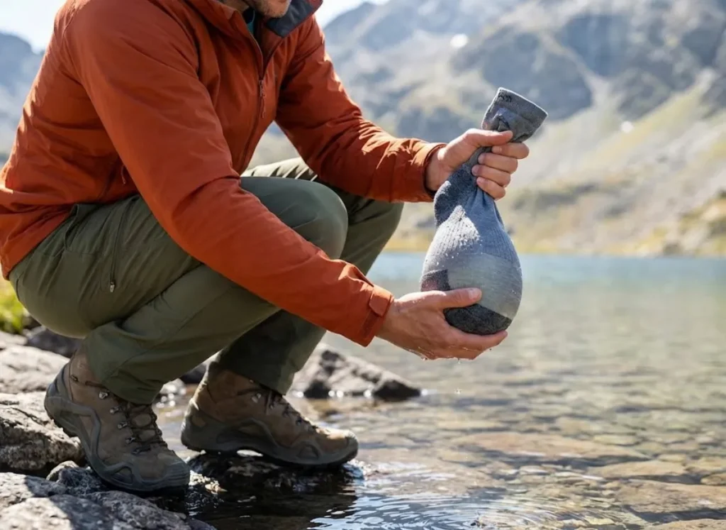 A gear tester in the mountains holding a waterproof sock filled with water to verify its leak-proof membrane integrity.
