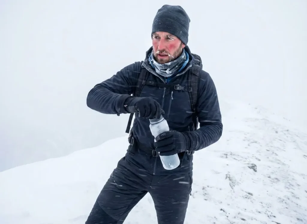 A hiker in heavy winter gear struggling to open a frosted water bottle in a snowstorm on a mountain ridge.