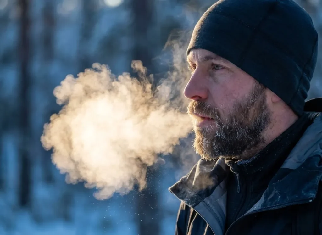 A hiker exhaling a large cloud of visible breath vapor in freezing cold air, backlit by the sun.