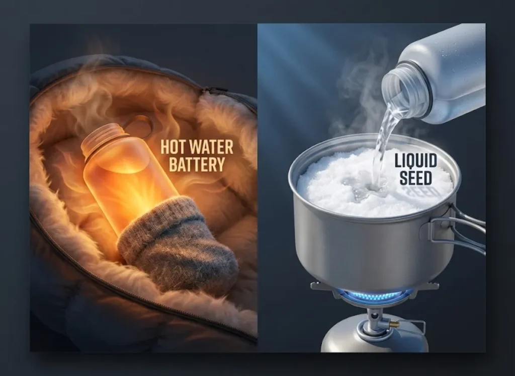 A split-screen infographic illustrating the "Hot Water Battery" camping hack. The left side shows a glowing hot water bottle inside a wool sock tucked into a sleeping bag for warmth. The right side shows the same bottle pouring liquid water into a pot of snow to jumpstart melting, labeled "Liquid Seed."