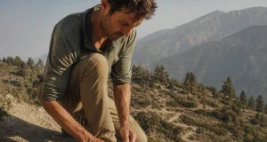 Hiking Shoe Toe Bumper Protection What to Feel For Hiker re-tensioning laces on Altra Lone Peak 9 shoes at the top of a steep descent