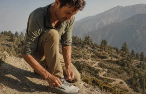 Hiking Shoe Toe Bumper Protection What to Feel For Hiker re-tensioning laces on Altra Lone Peak 9 shoes at the top of a steep descent
