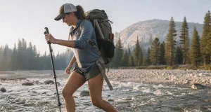 Why Drainage Holes Beat Waterproof Boots at Wet Crossings Hiker mid-creek in low-cut drainage shoes crossing a Sierra Nevada snowmelt stream on the Pacific Crest Trail