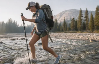Why Drainage Holes Beat Waterproof Boots at Wet Crossings Hiker mid-creek in low-cut drainage shoes crossing a Sierra Nevada snowmelt stream on the Pacific Crest Trail