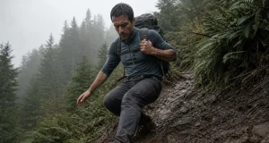 4 Lug Depth Mistakes That Wreck Muddy Descents Hiker in low-cut hiking shoes braking heel-first down a muddy slope, deep lug tread biting the grade