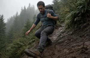 4 Lug Depth Mistakes That Wreck Muddy Descents Hiker in low-cut hiking shoes braking heel-first down a muddy slope, deep lug tread biting the grade