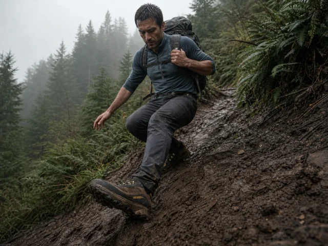 0-lug-depth-traction-muddy-slopes-hero Hiker in low-cut hiking shoes braking heel-first down a muddy slope, deep lug tread biting the grade