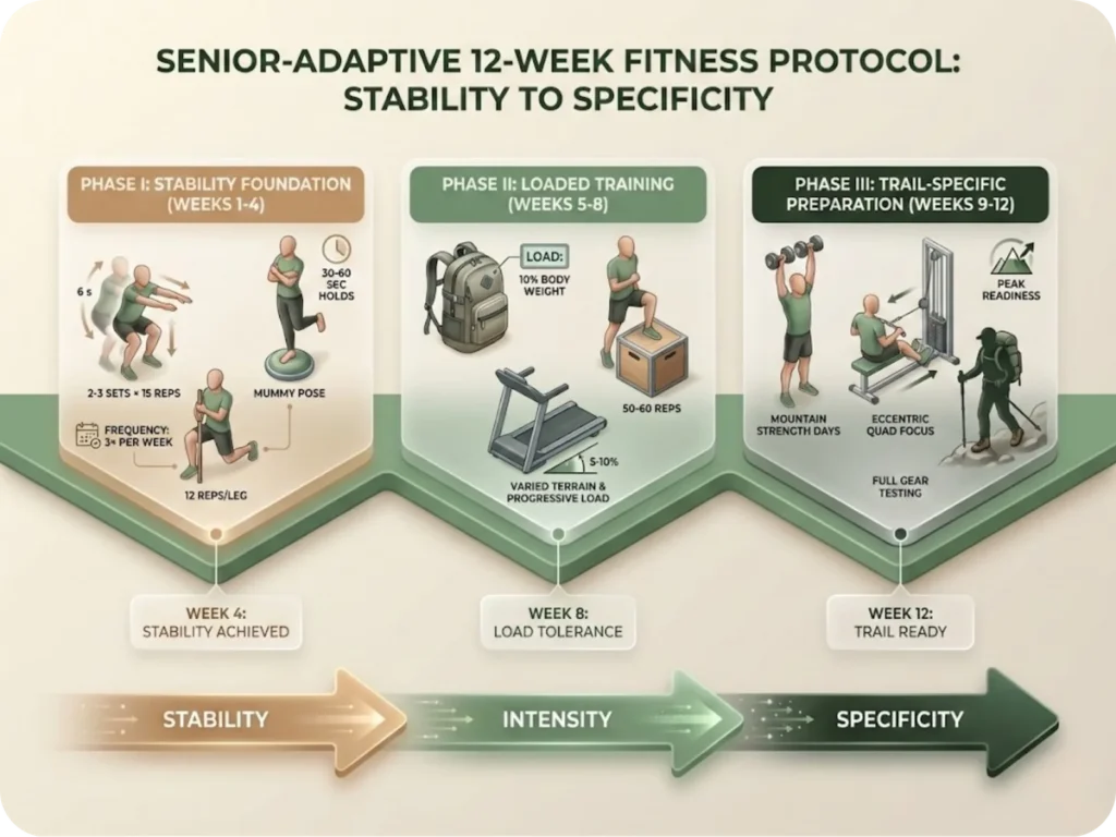 Timeline infographic showing the 12-week senior-adaptive fitness protocol with three progressive phases: Stability Foundation, Loaded Training, and Trail-Specific Preparation.