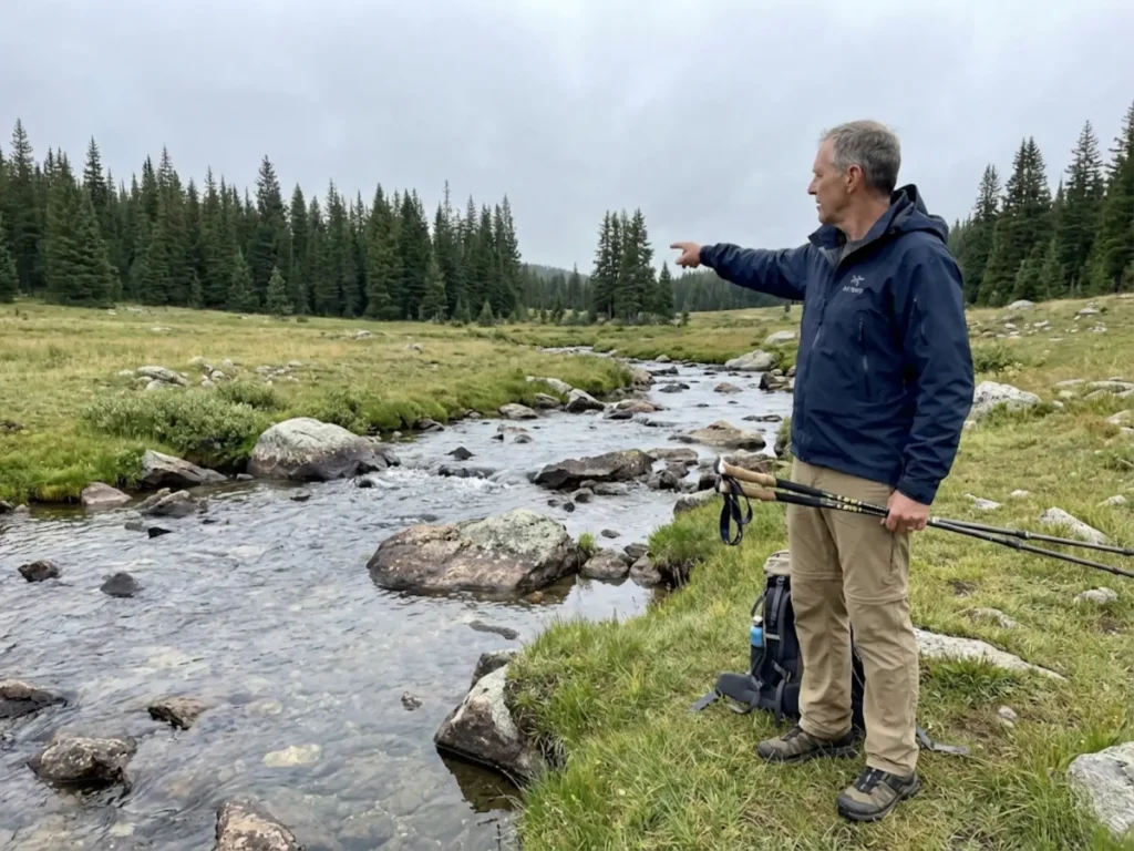 Hiker demonstrating 200-foot distance from stream for cathole site selection in alpine meadow