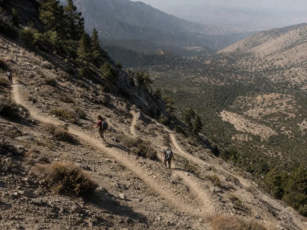 Hikers cross-graining down switchbacks on a steep dusty slope instead of the fall line