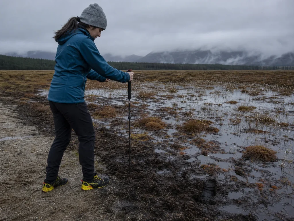 Hiker probing peat bog depth with a trekking pole before committing weight on saturated ground
