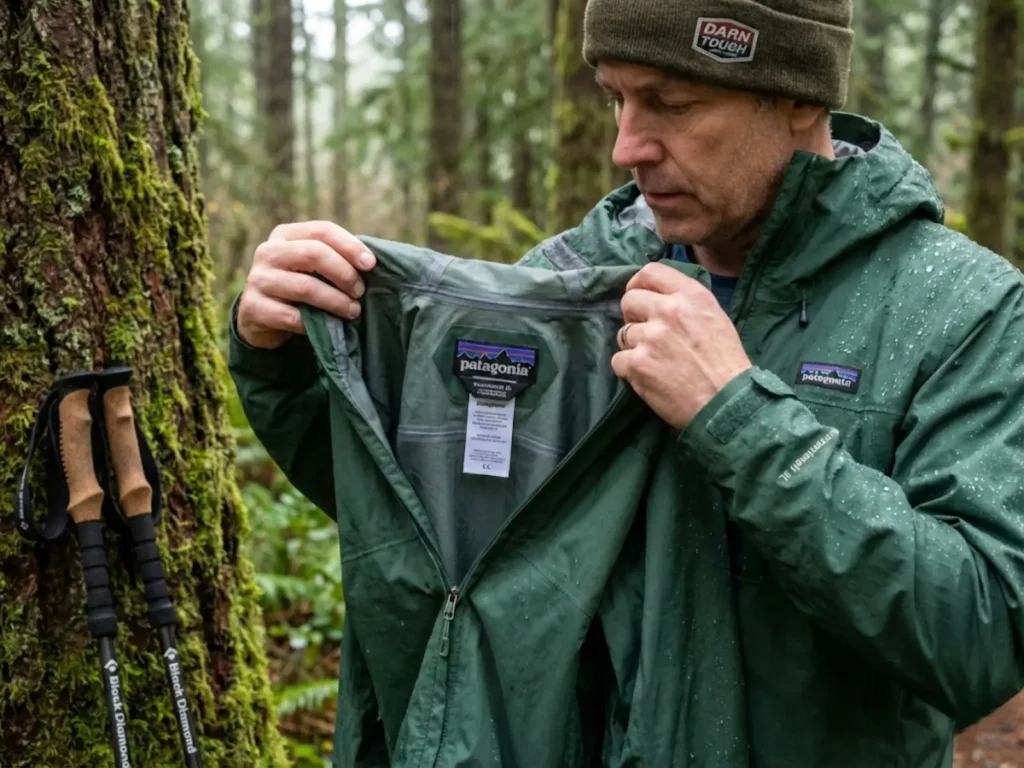 Hiker checking rain jacket specs as water beads on waterproof shell in forest rain