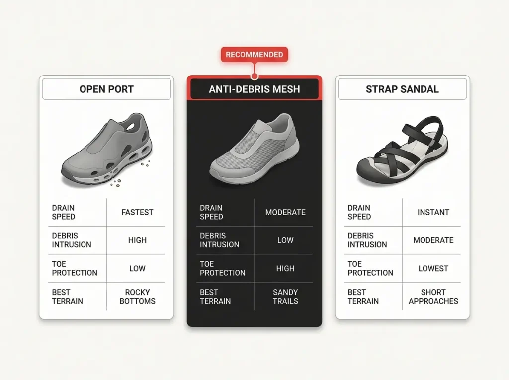 Comparison table showing open-port, anti-debris mesh, and strap sandal hiking shoes scored on drain speed, debris, protection, terrain