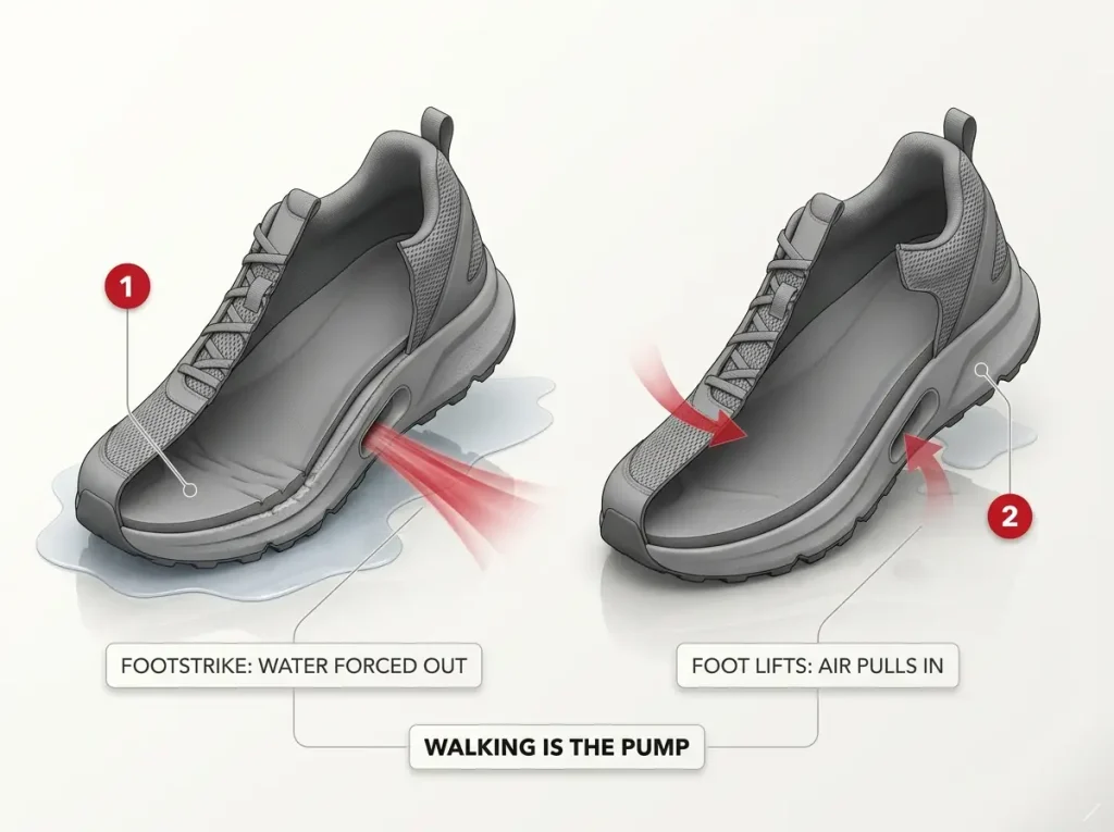 Diagram showing how walking pumps water out of hiking shoe drainage ports during footstrike and lift phases