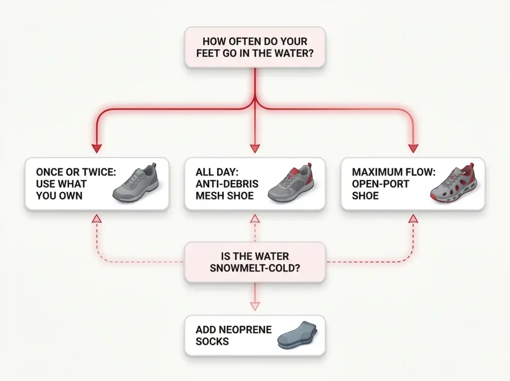 Flowchart guiding hikers to pick drainage shoes based on crossing frequency, with a branch for snowmelt-cold water