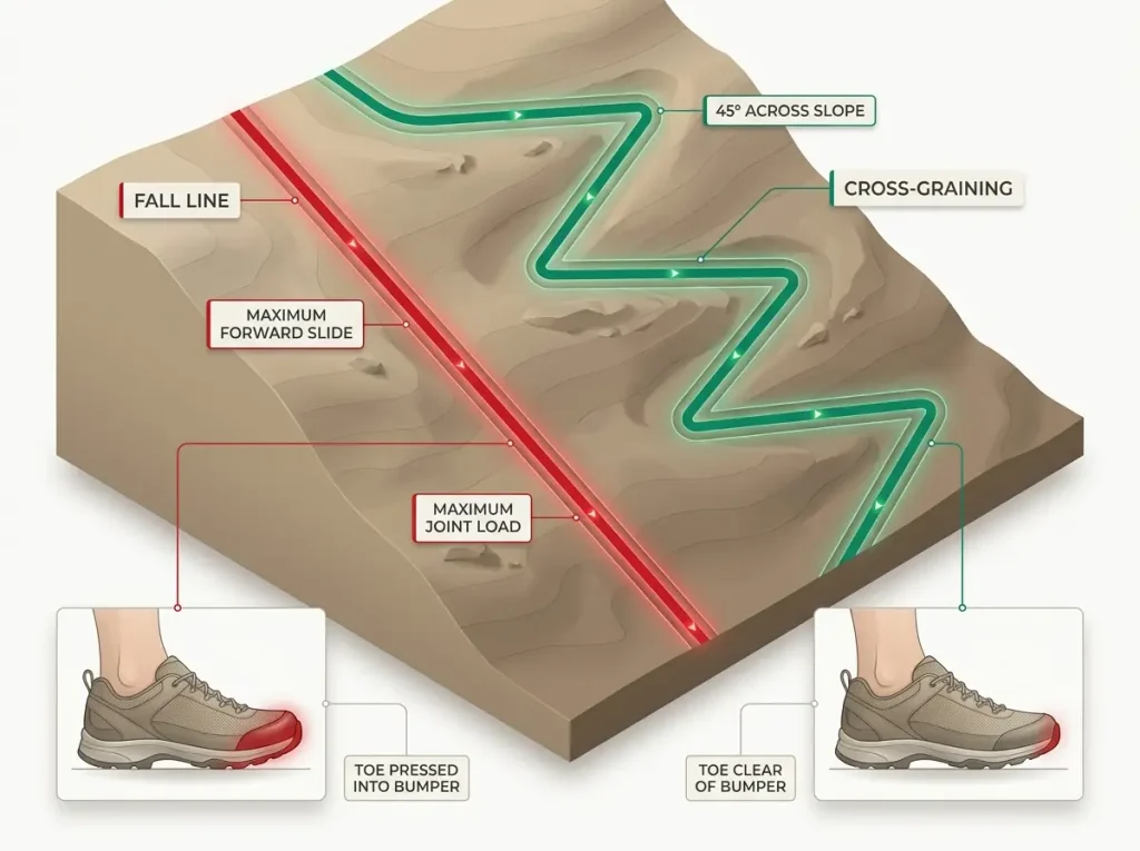 Infographic showing top-down trail diagram comparing fall line descent versus cross-graining path with toe pressure insets