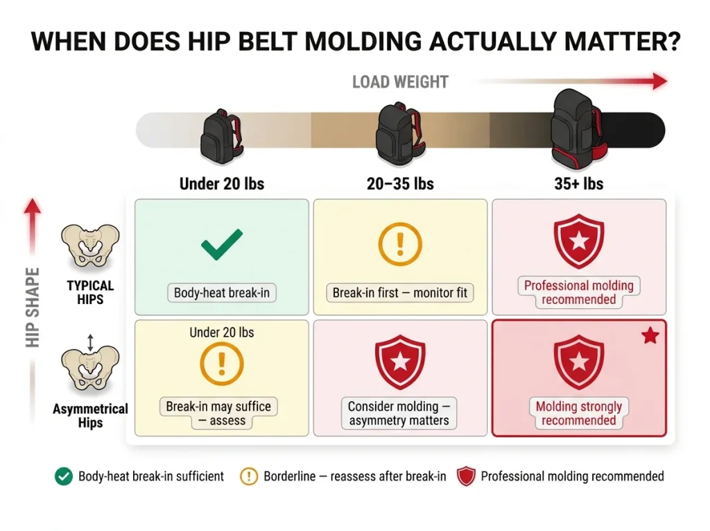 Decision matrix infographic showing when hip belt heat molding vs. body-heat break-in is recommended based on load weight and hip shape