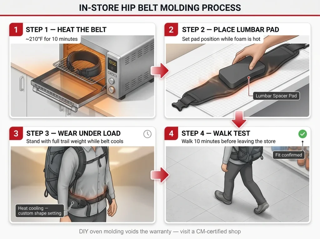 4-panel step-by-step infographic showing in-store hip belt heat molding: oven, lumbar pad, wear under load, walk test