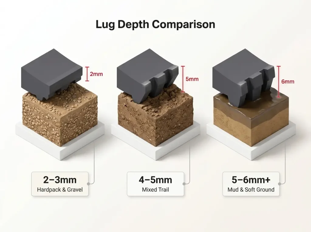 Infographic showing three hiking shoe lug depths (2-3mm, 4-5mm, 5-6mm+) cutting into gravel, trail, and mud with measurement lines