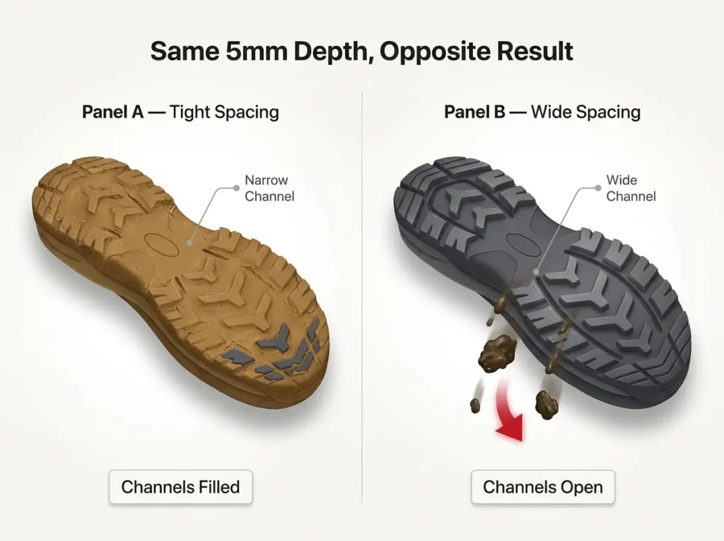 Infographic comparing identical 5mm lug depth in tight vs wide spacing, showing clogged mud-caked tread versus clean self-shedding tread