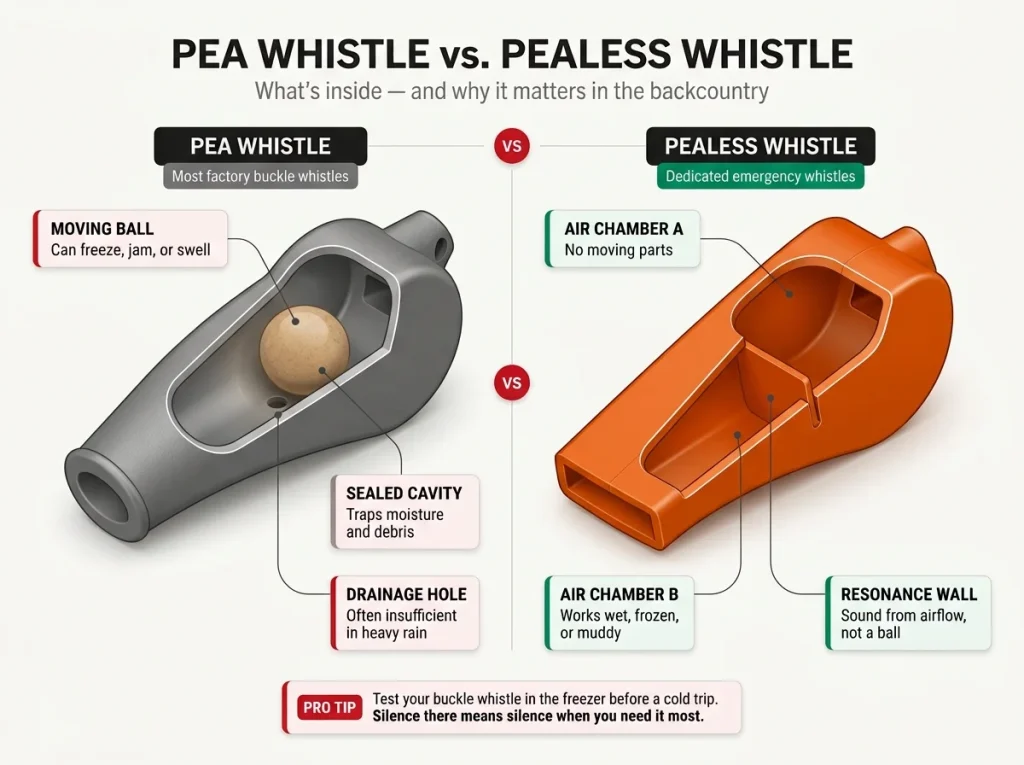 Side-by-side cutaway diagram comparing pea whistle internal ball that can freeze or jam versus pealess whistle twin resonance chambers with no moving parts