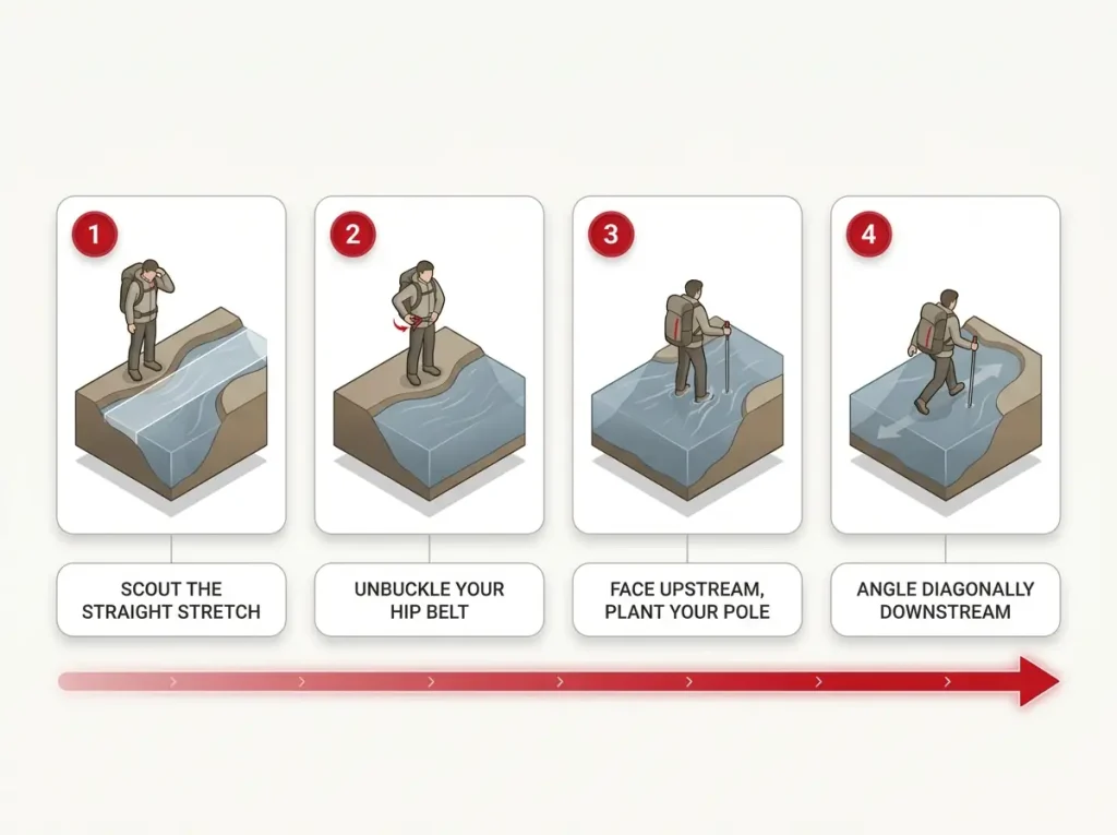 Step-by-step sequence showing how to scout, unbuckle hip belt, face upstream, and angle across a river crossing safely