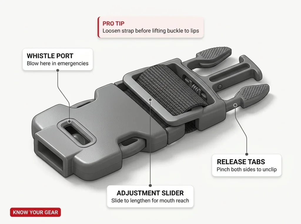 Annotated diagram of a side-release sternum buckle showing whistle port, adjustment slider, and release tabs with labeled callout arrows