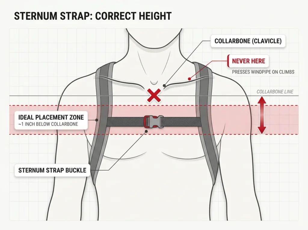 Anatomy diagram showing sternum strap ideal placement one inch below collarbone with labeled target zone and red X on collarbone