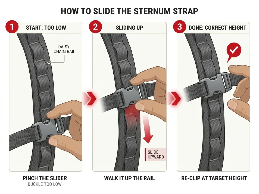 3-step infographic showing hands sliding sternum strap buckle along daisy-chain webbing rail from low to correct height