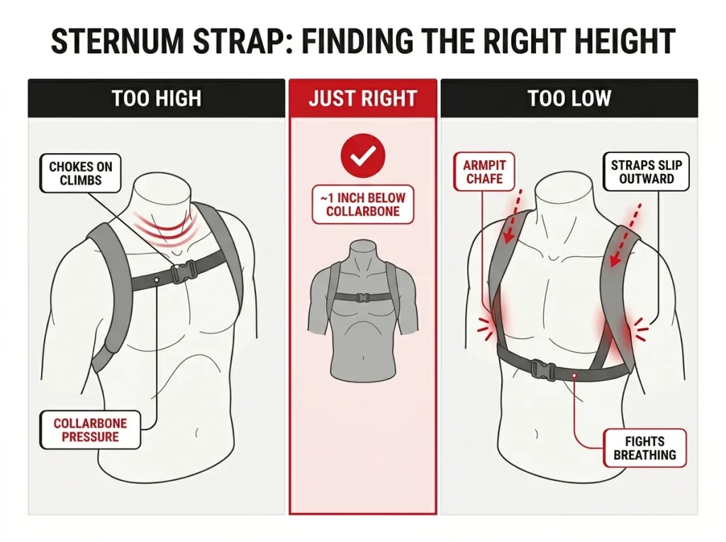 Comparison infographic showing sternum strap too high causing throat pressure vs too low causing armpit chafe with just right center zone