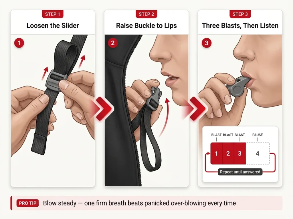 Step-by-step infographic showing how to use a sternum strap whistle: loosen slider, raise buckle to lips, blow three-blast distress signal