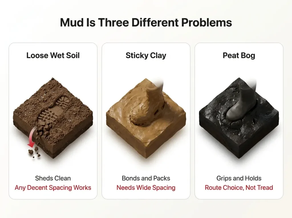 Infographic comparing loose wet soil, sticky clay, and peat bog with how each affects lug tread and the correct hiker response