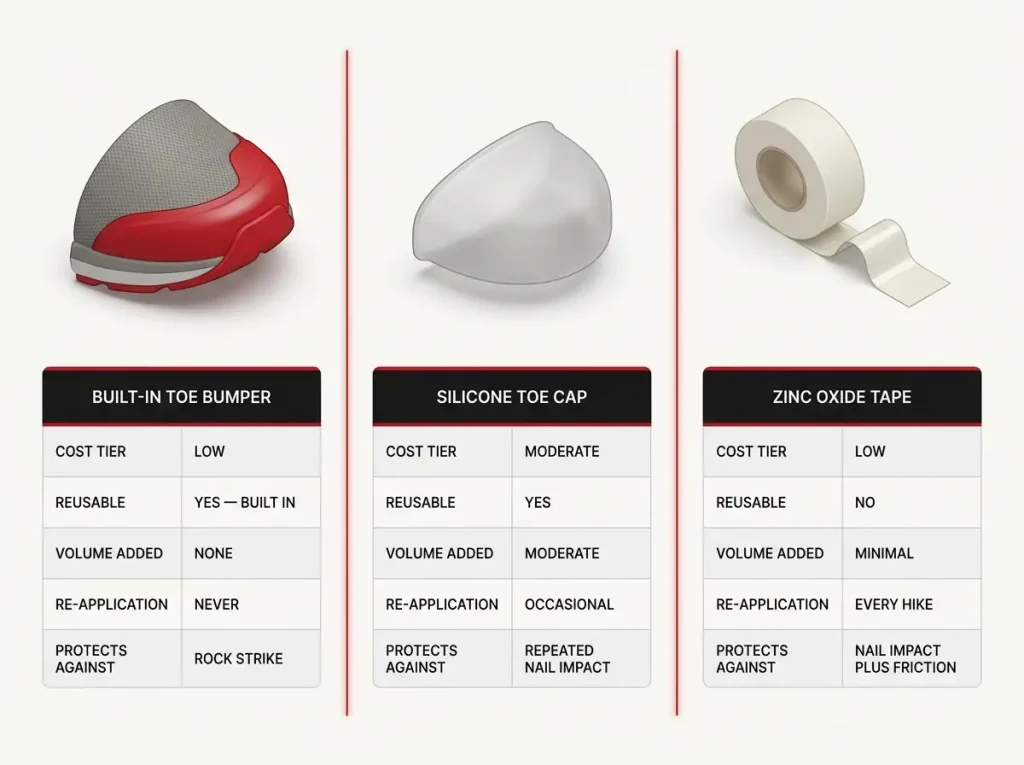 Infographic comparing built-in toe bumper, silicone toe cap, and zinc oxide tape across cost, reuse, volume, and protection