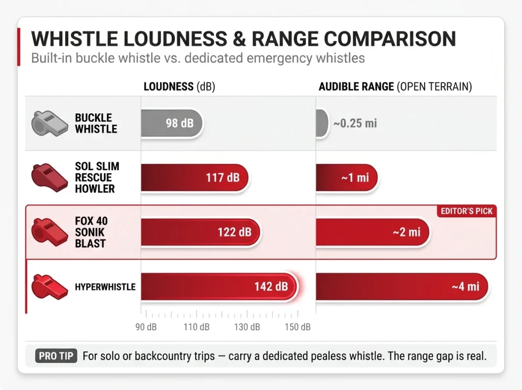 Horizontal bar chart comparing whistle loudness and audible range: buckle whistle 98dB 0.25mi, SOL Slim 117dB 1mi, Fox 40 Sonik Blast 122dB 2mi, HyperWhistle 142dB 4mi