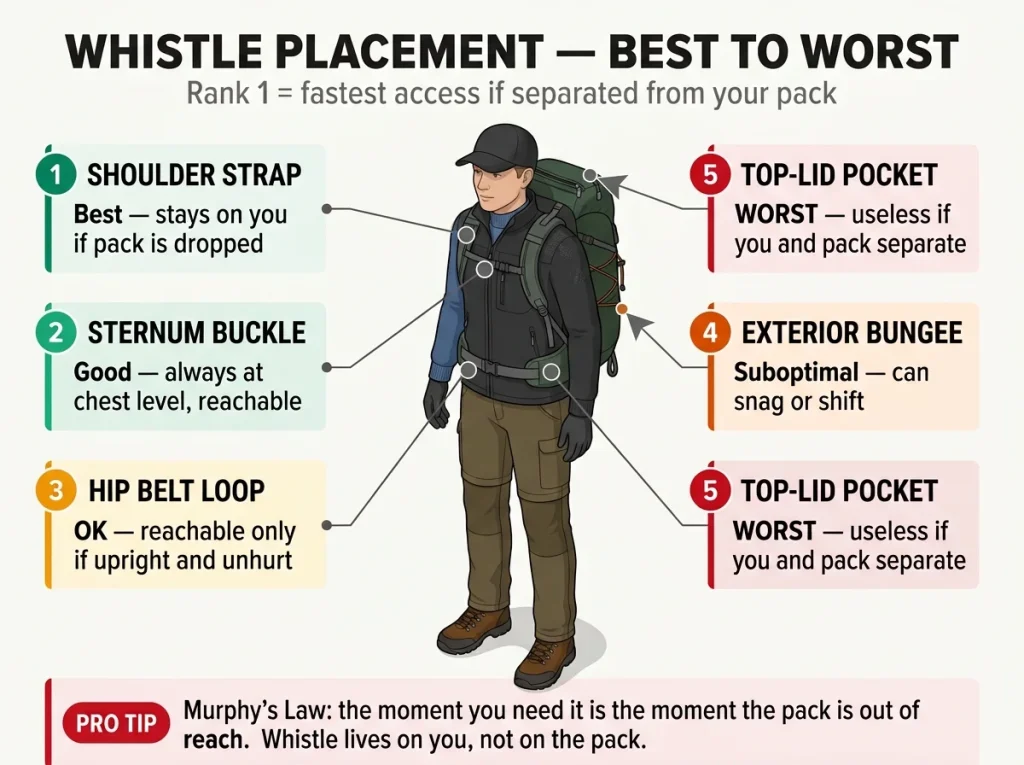 Ranked diagram on hiker silhouette showing whistle placement from best to worst: shoulder strap 1st, sternum buckle 2nd, hip belt 3rd, exterior bungee 4th, top-lid pocket 5th