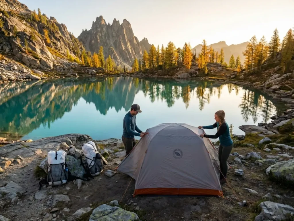 Hikers setting up camp beside alpine lake in the Enchantments Core Zone at golden hour