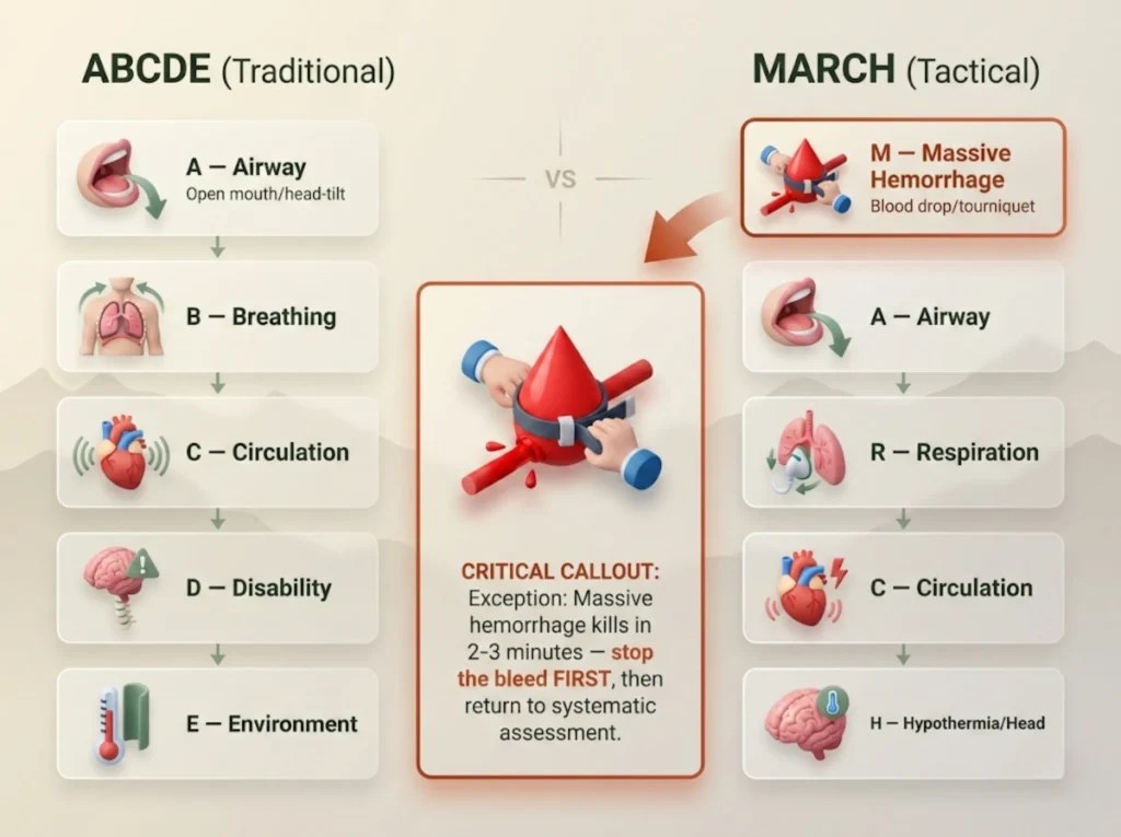 Side-by-side comparison infographic of ABCDE and MARCH emergency assessment protocols, showing each letter with icons and a prominent callout highlighting the "stop the bleed first" exception for massive hemorrhage situations.