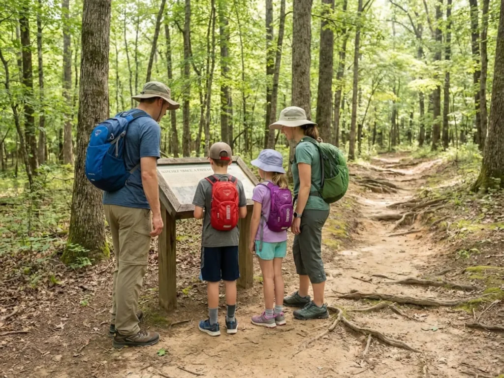 Family day hiking the historic Natchez Trace Trail reading interpretive signage