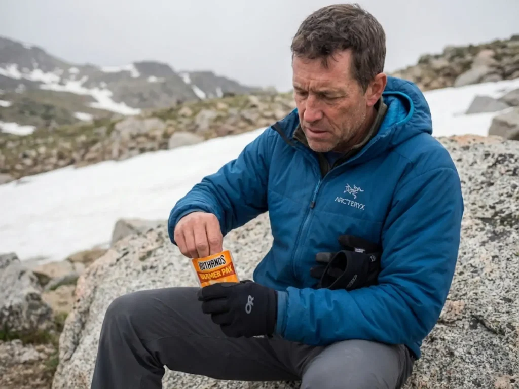 Hiker activating HotHands chemical hand warmer packet at high-altitude rest stop on winter trail