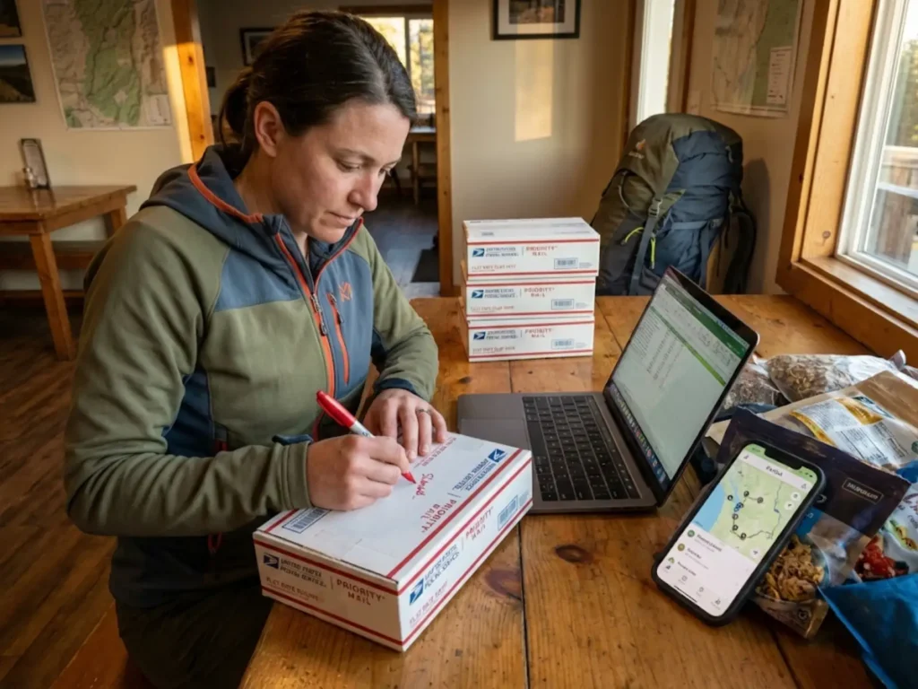 Hiker organizing and addressing multiple USPS resupply boxes using FarOut app for trail town planning