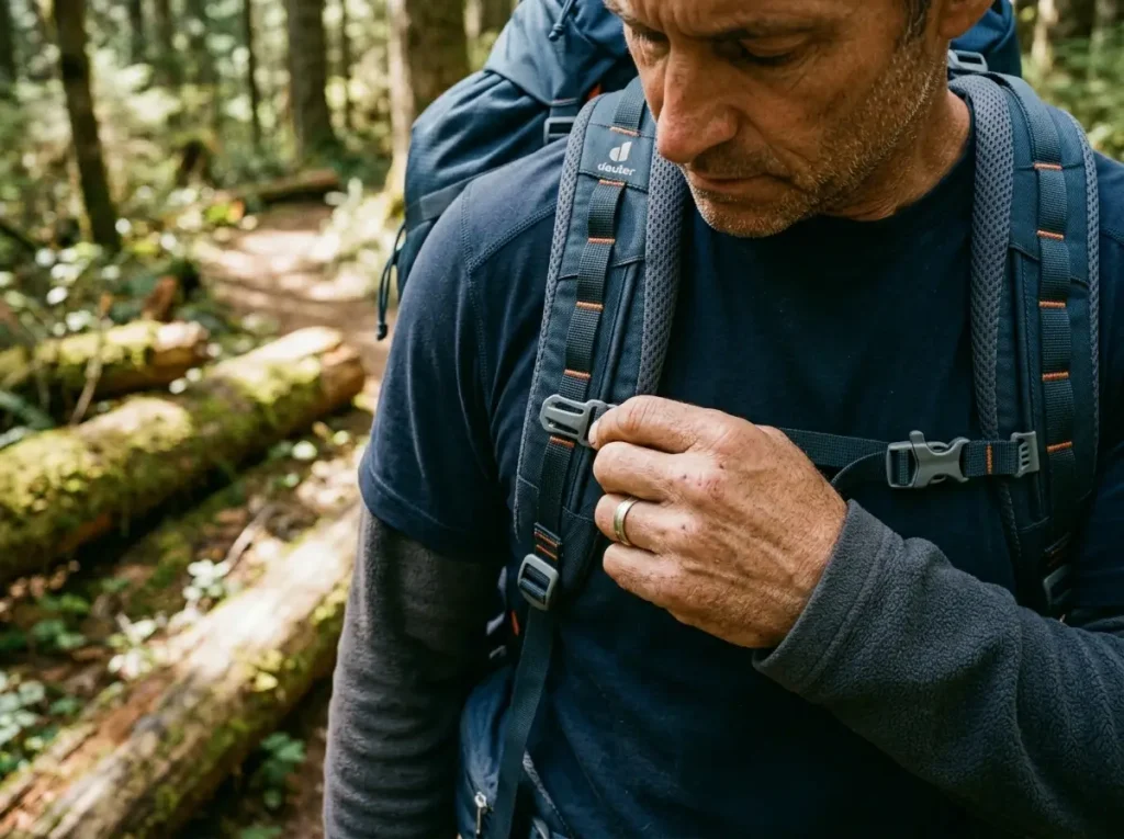 Hands sliding a sternum strap up the daisy-chain webbing rail to adjust height, Deuter pack