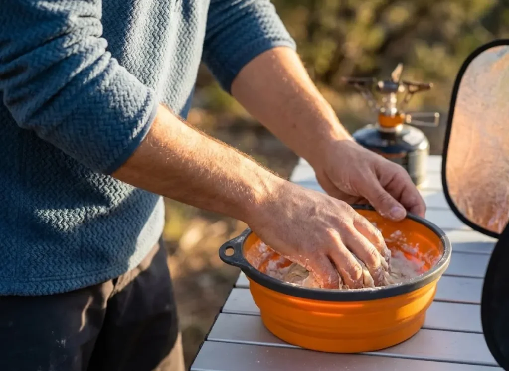 Close-up of hiker's clean hands kneading high-hydration dough in a Sea to Summit bowl, wearing a textured Patagonia fleece.