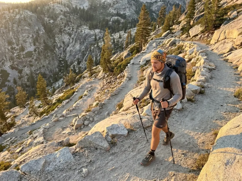 Thru-hiker on Pacific Crest Trail switchbacks in High Sierra Nevada at golden hour