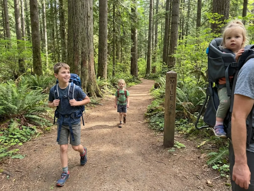 Three children of different ages demonstrating varying hiking capabilities on forest trail