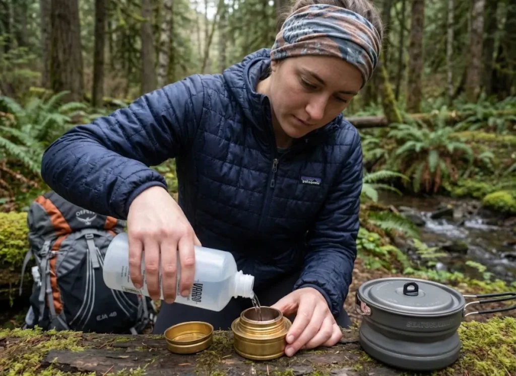 Hiker carefully measuring alcohol fuel for backpacking stove at forest campsite
